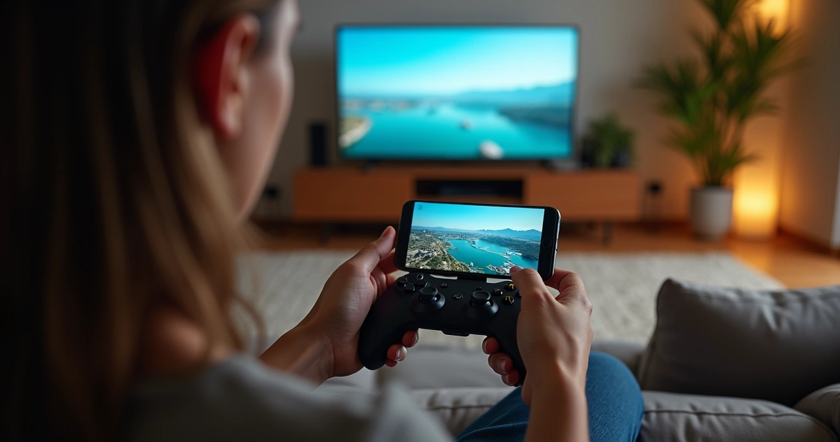 Pessoa jogando um game do Xbox no celular com controle via streaming 