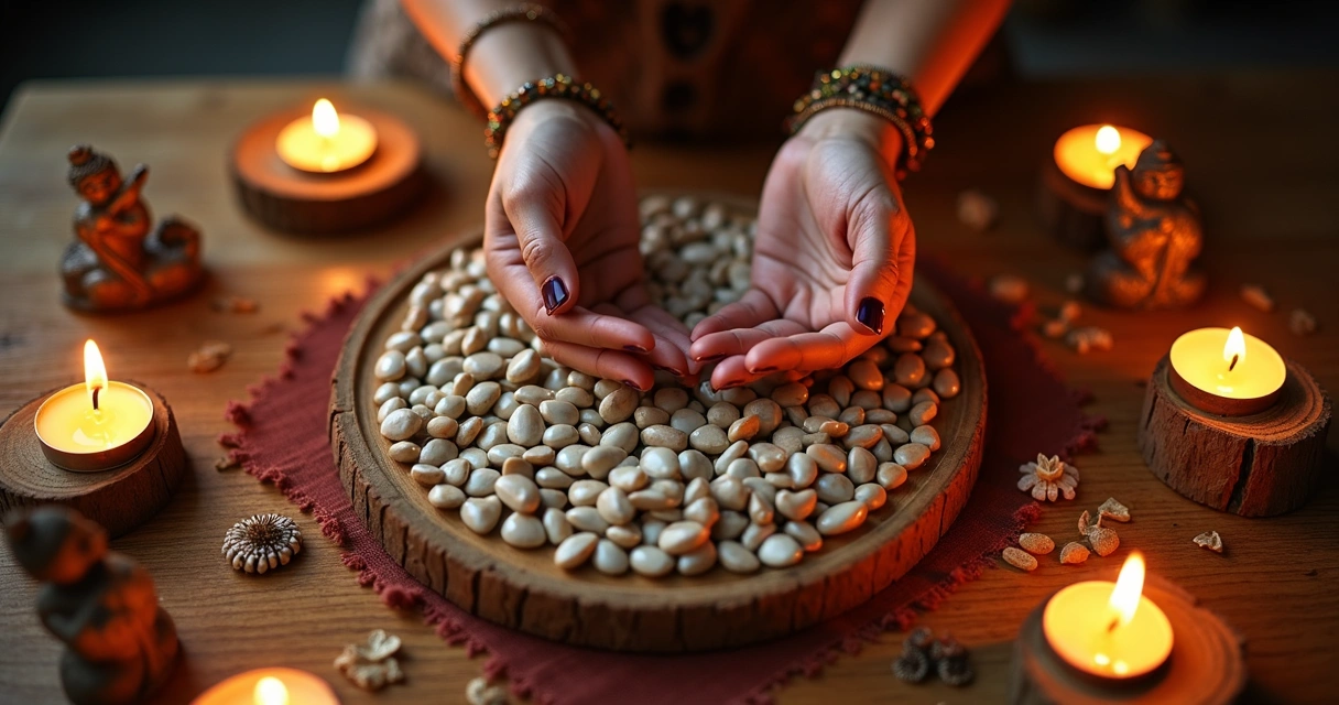 Jogo de búzios em mesa com velas, símbolos espirituais e mãos femininas 