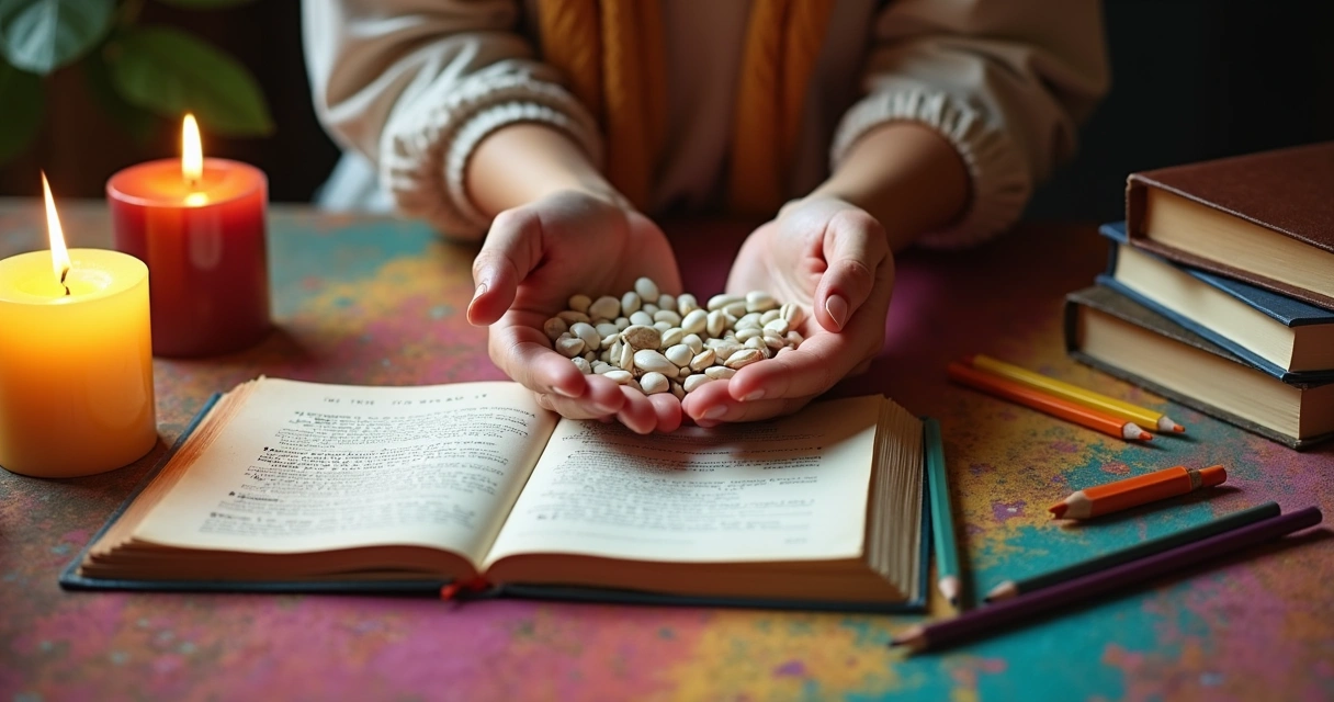 Mãos sobre uma mesa colorida, jogando búzios durante consulta 