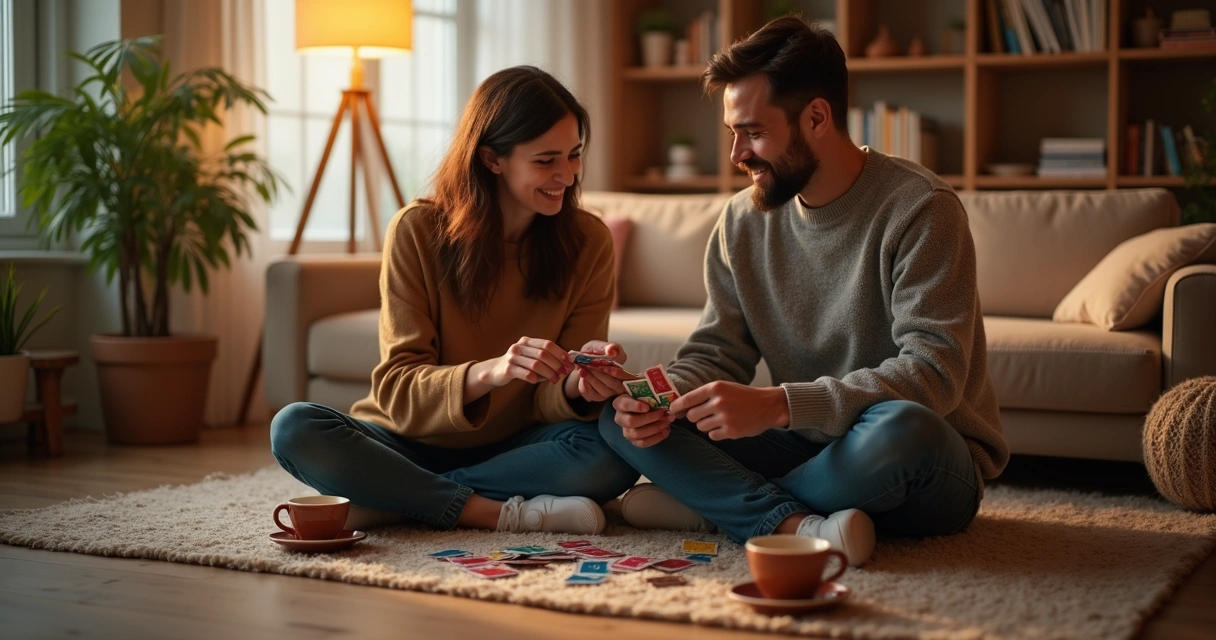 Casal sorrindo jogando cartas coloridas em sala aconchegante 