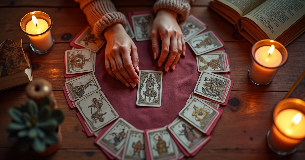 Cartas de tarot dispostas em uma mesa de madeira com velas ao fundo