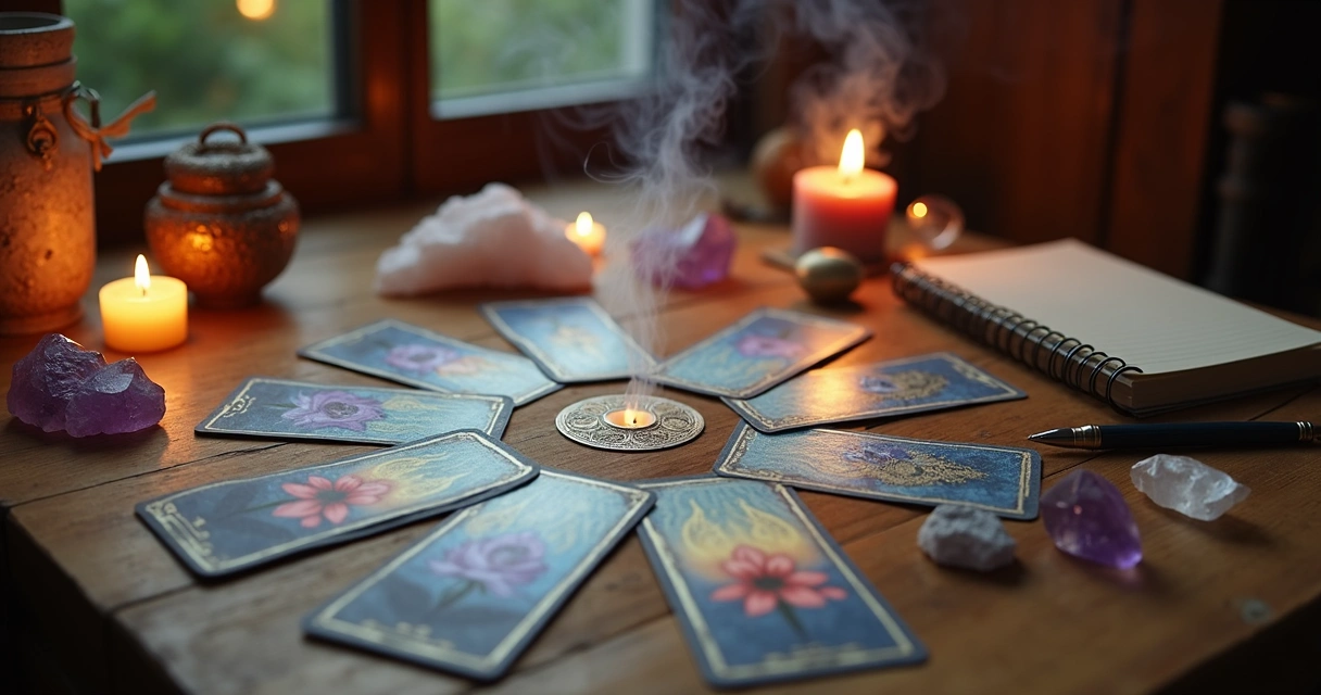 Cartas de tarot dispostas em círculo sobre uma mesa de madeira