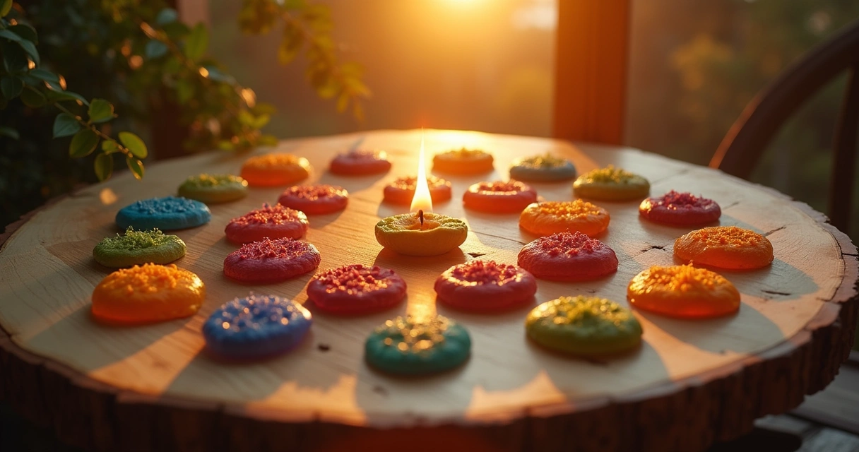 Jogo de búzios em mesa de madeira clara com luz do pôr do sol, velas e cristais em ambiente introspectivo.