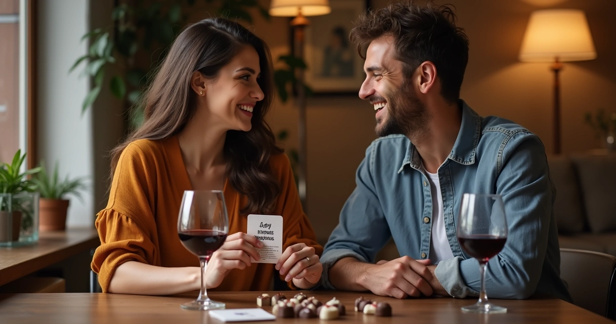 Casal sentado jogando cartas em mesa de madeira 