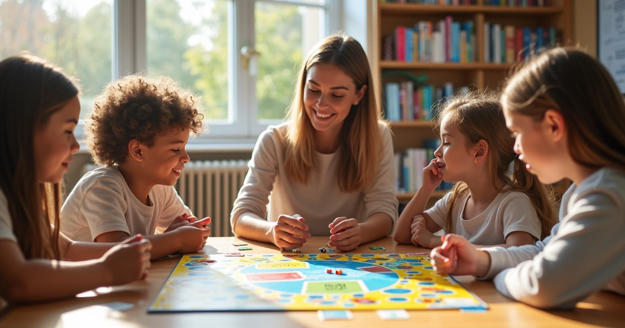 Professor e alunos jogando um jogo de tabuleiro com cartas e dados em sala de aula