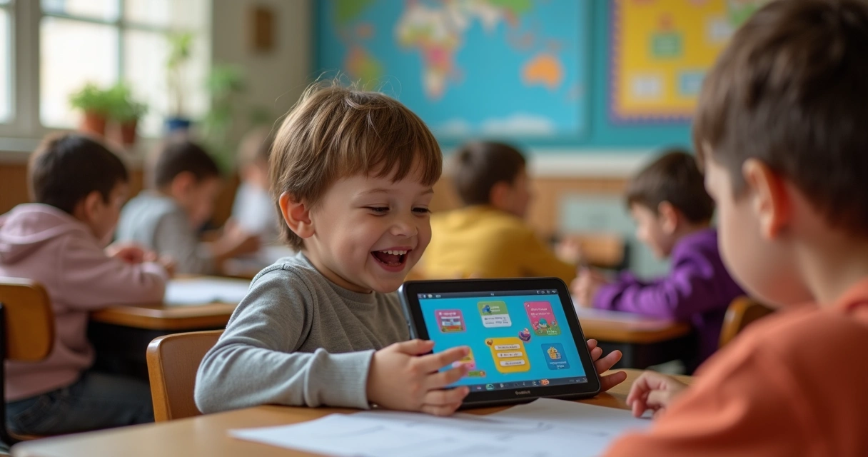 Criança jogando aplicativo educativo em tablet 