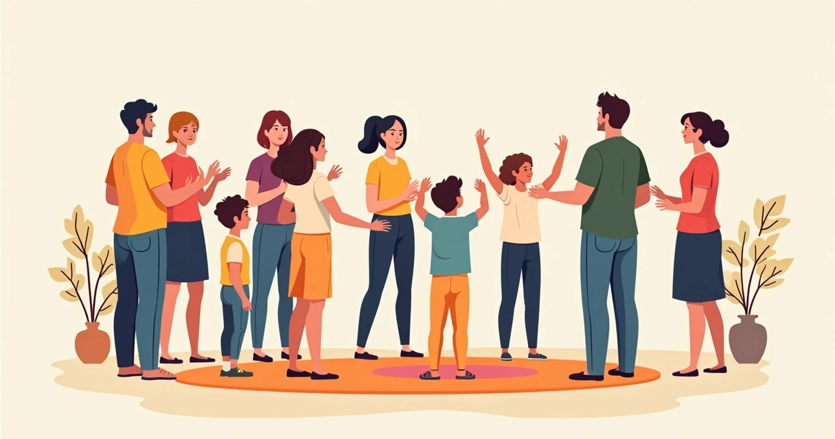 Crianças e adultos em círculo brincando de imitar gestos uns dos outros 