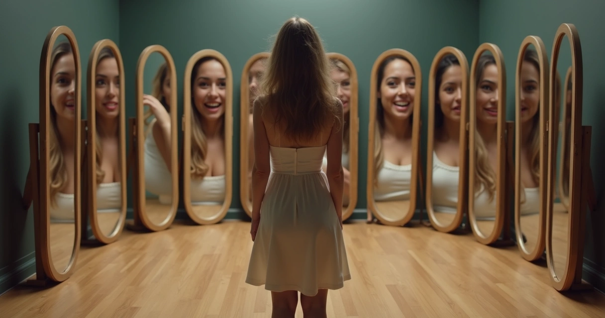 Mulher diante de vários espelhos, cada um mostrando expressões diferentes 
