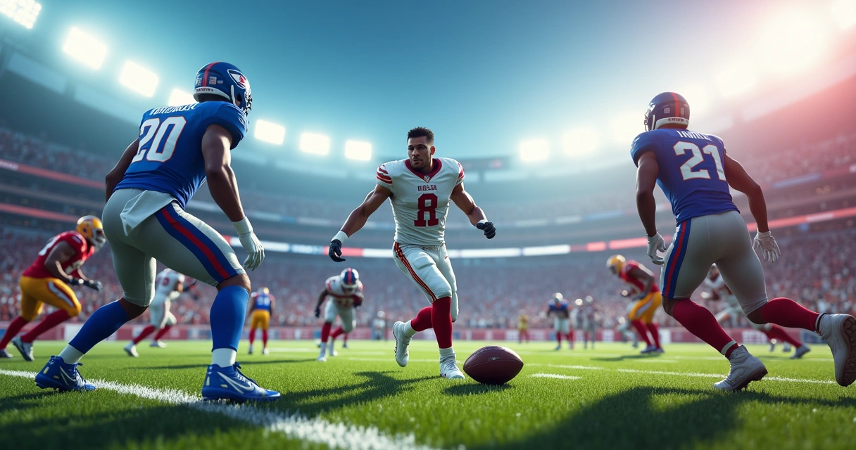 Jogadores de futebol americano em ação em um campo durante um jogo de Madden NFL 23, com torcida animada ao fundo.