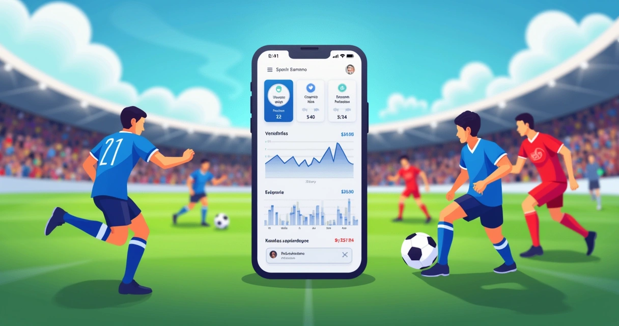 Ilustração de um jogo de futebol com equipes em campo, torcida animada e analise de apostas no primeiro plano.