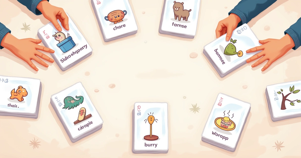 Cartões de flashcards de vocabulário com desenhos e palavras 