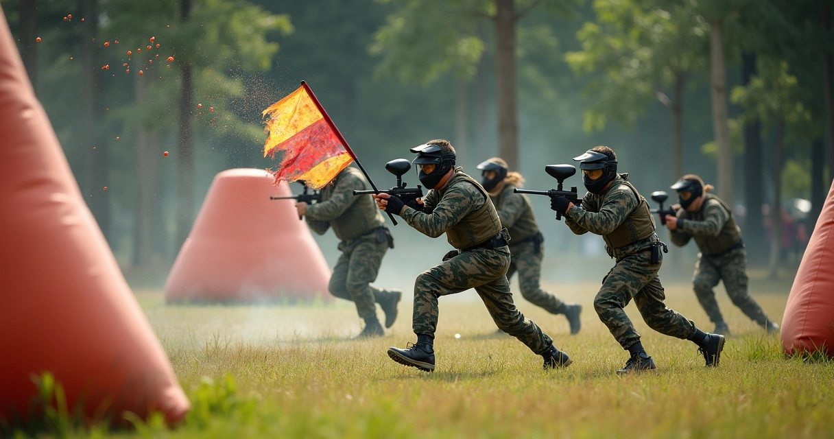 Equipe jogando paintball capturando bandeira 