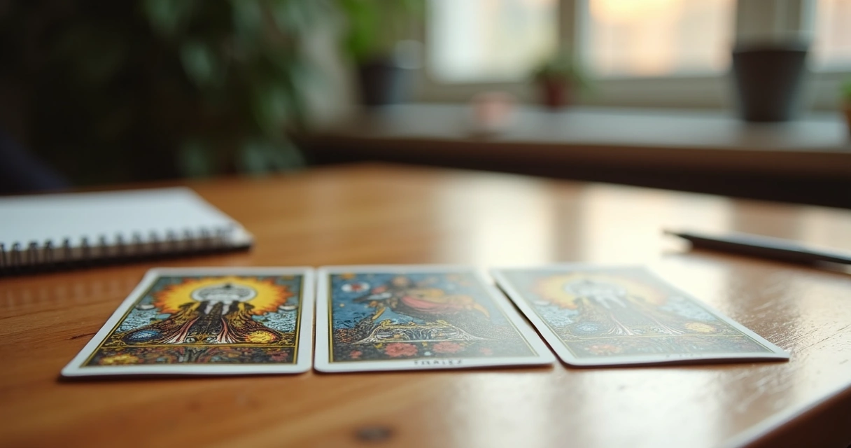 Três cartas de tarot dispostas sobre uma mesa, com bloco de anotações e caneta ao lado. 