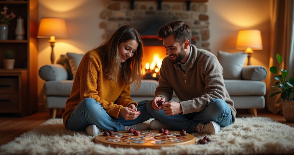 Casal brincando com jogos e chocolates afrodisíacos 