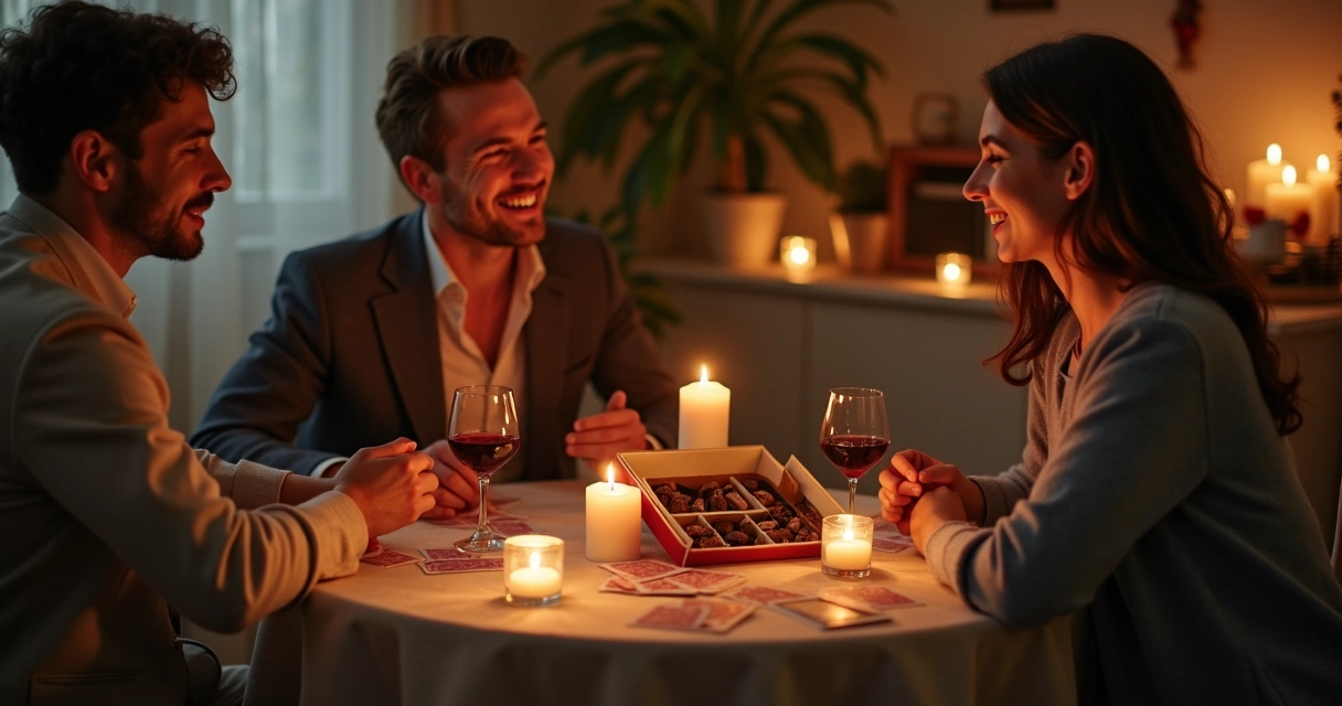 Casal jogando cartas e experimentando chocolates em uma mesa romântica 