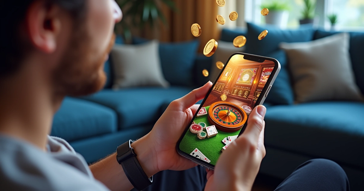 Jogos de cassino aparecem na tela de um celular em mãos de uma pessoa 