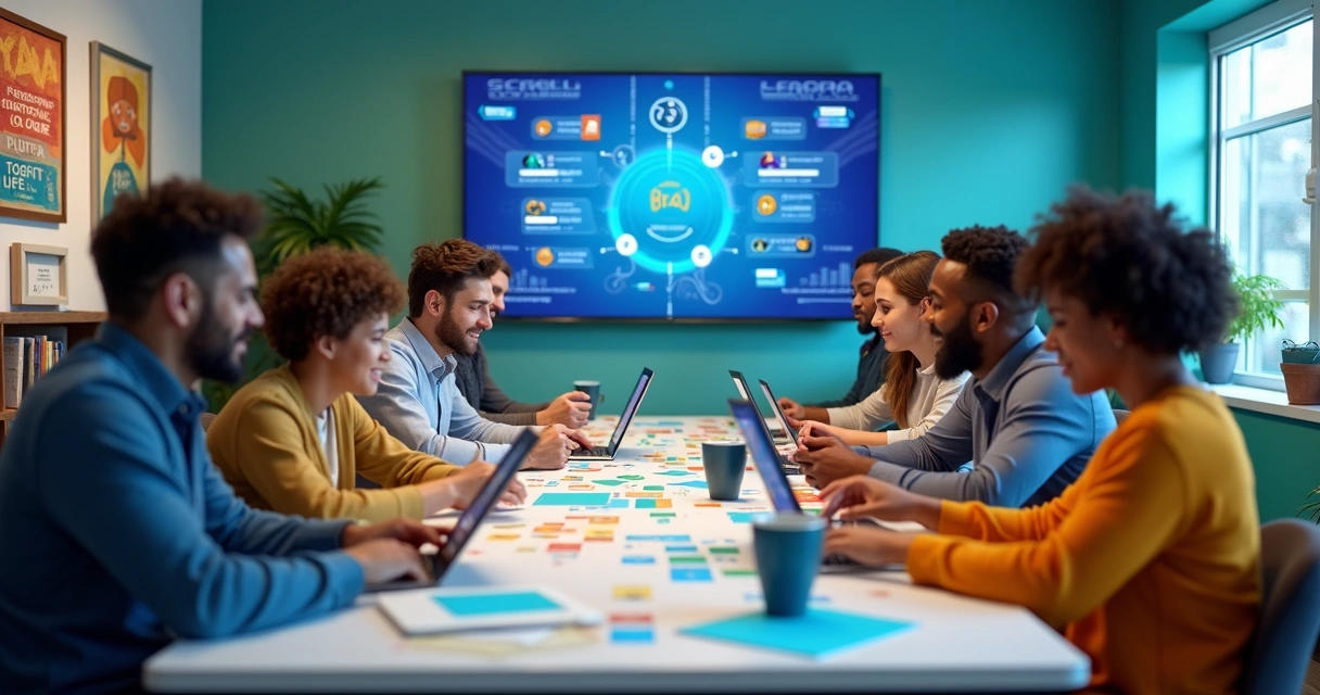 Equipe diversa reunida em ambiente moderno participando de atividades gamificadas em um escritório colorido e iluminado 