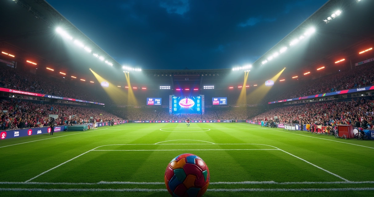 Campo de futebol festivo à noite com palco de show e painéis de patrocínio 