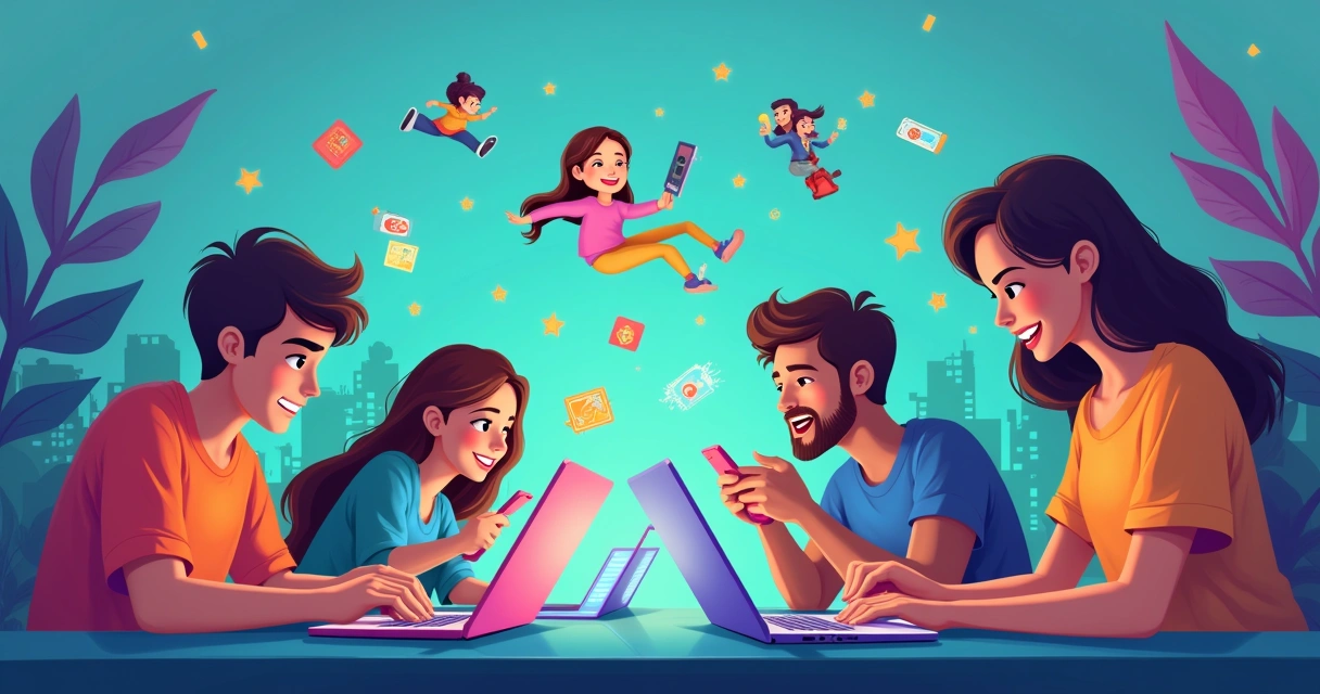 Grupo diversificado de pessoas jogando jogos online grátis em dispositivos, com cores brilhantes e gráficos animados.