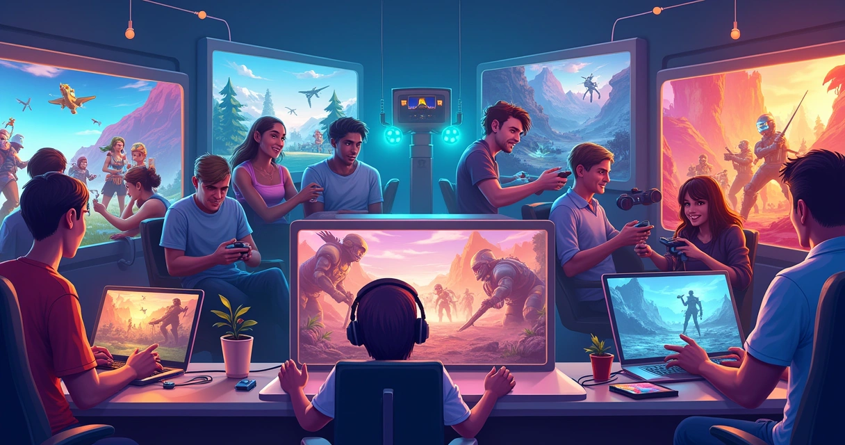 Ilustração vibrante de jogadores imersos em diversos jogos online grátis, como Fortnite e League of Legends.