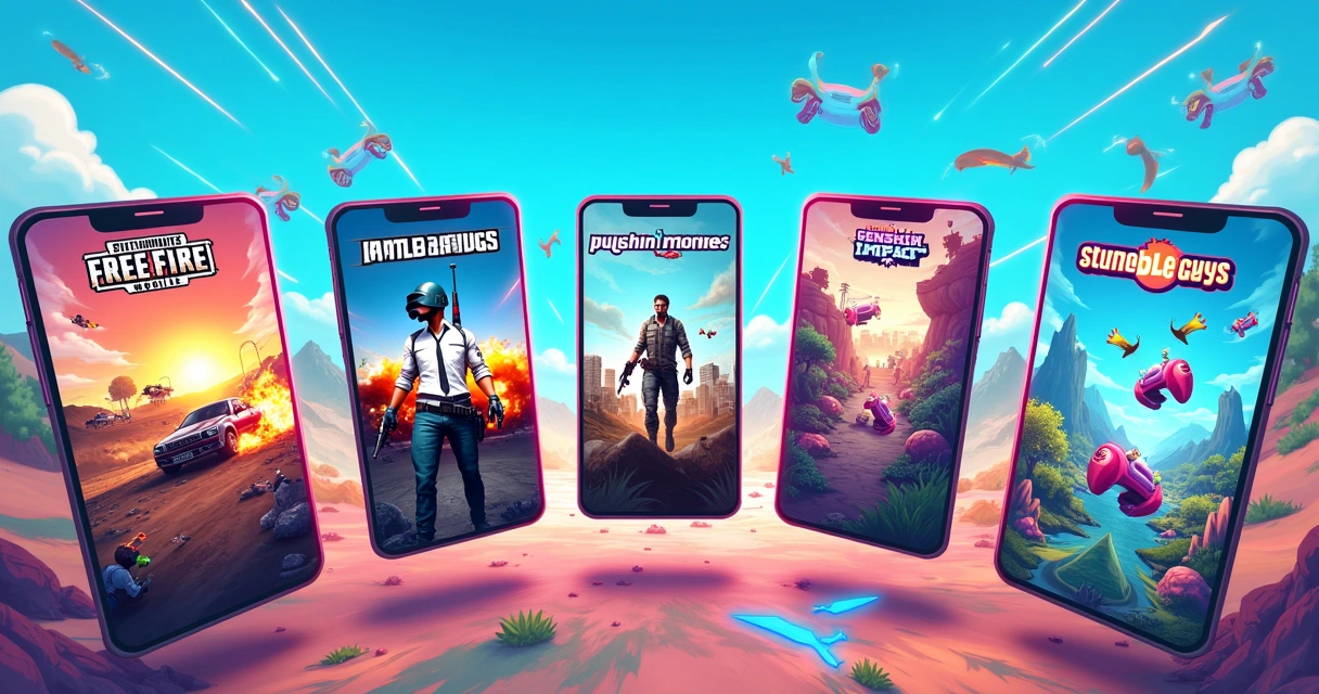 Ilustração colorida de cinco jogos móveis diferentes em um ambiente digital vibrante, mostrando ação e diversão.