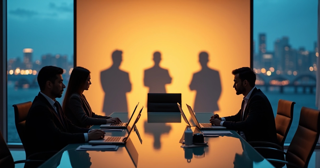 Reunião corporativa com sombras projetando disputa de poder 