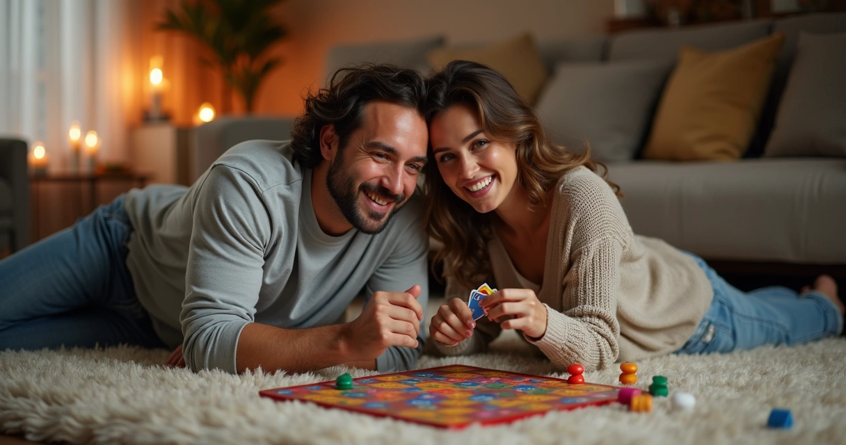 Casal sorridente jogando jogo sensual no tapete da sala