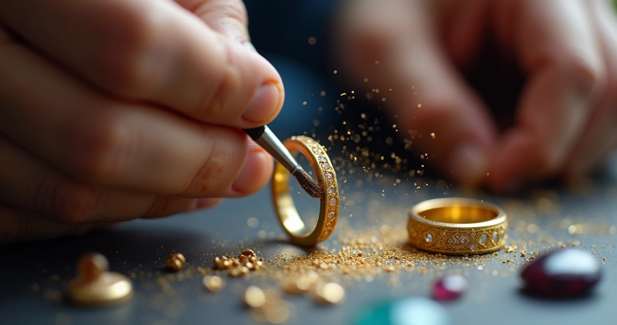 Detalhe em close das mãos de joalheiro dando acabamento em anel 