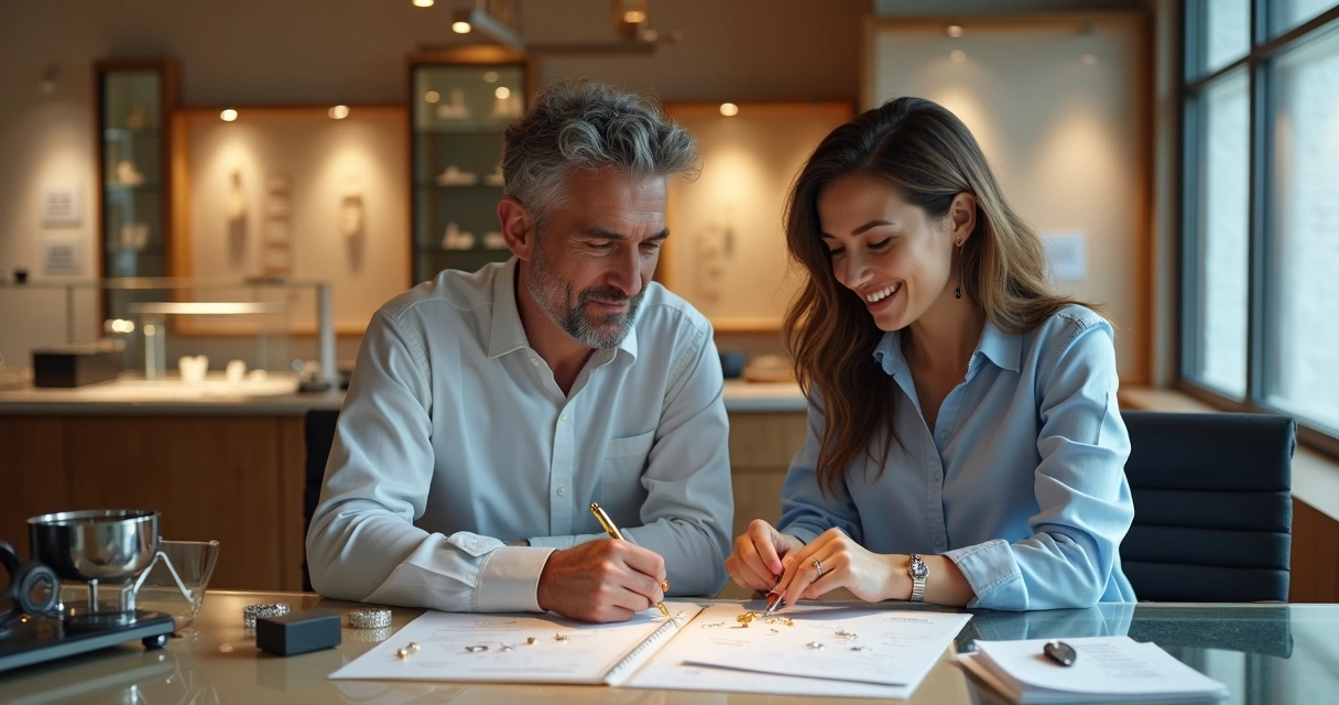 Duas pessoas conversando com joalheiro para avaliação de joias