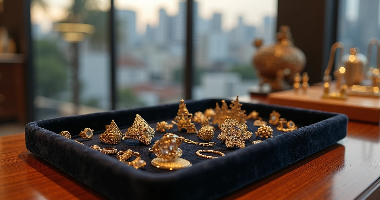 Joias antigas variadas em bandeja de veludo 