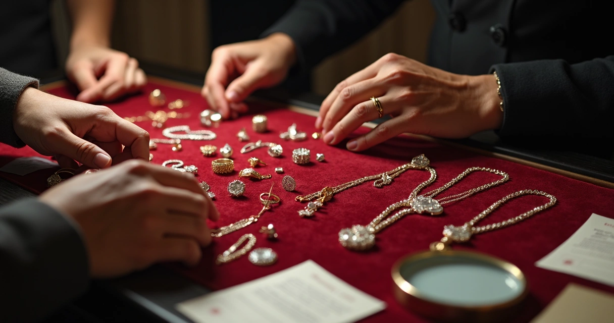 Grupo de joias de coleção sendo analisado em mesa elegante 
