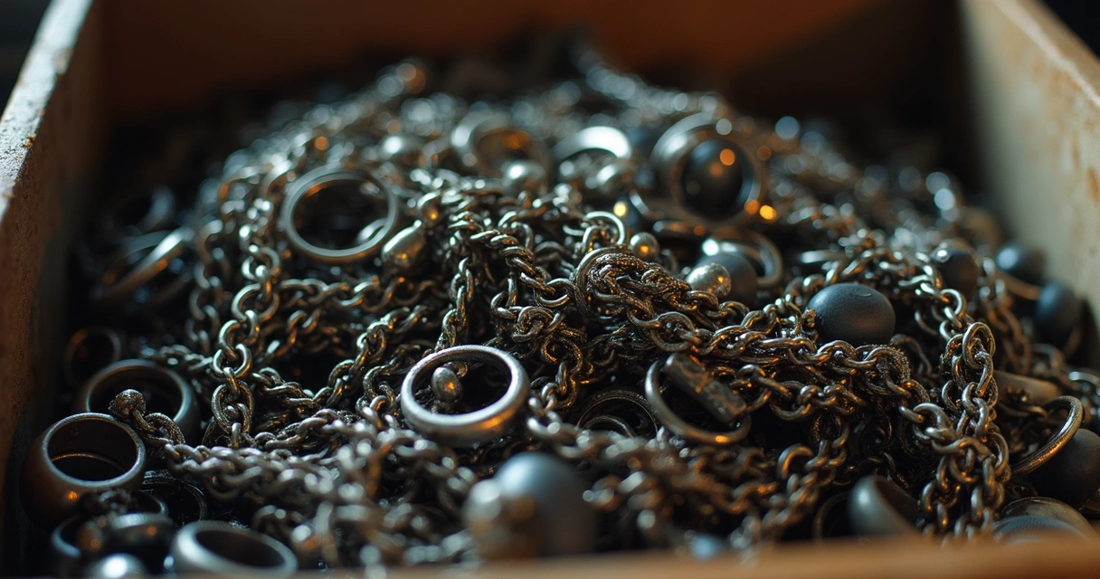 Joias danificadas e desorganizadas em uma caixa de estoque 