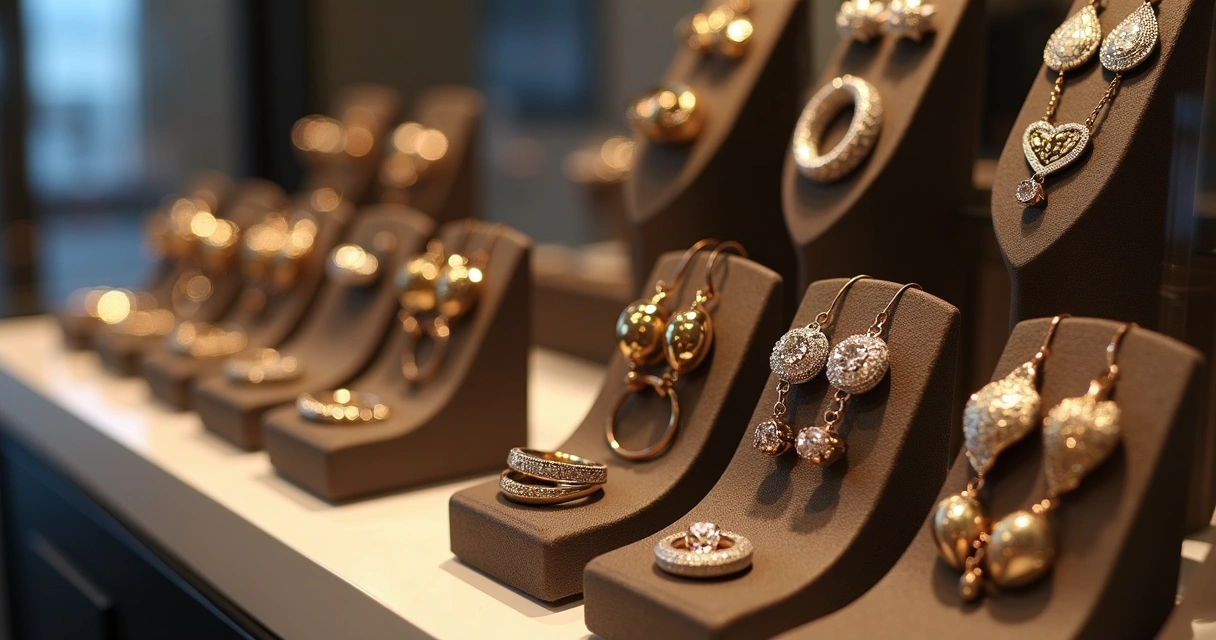 Joias organizadas em um expositor de vitrine de joalheria 