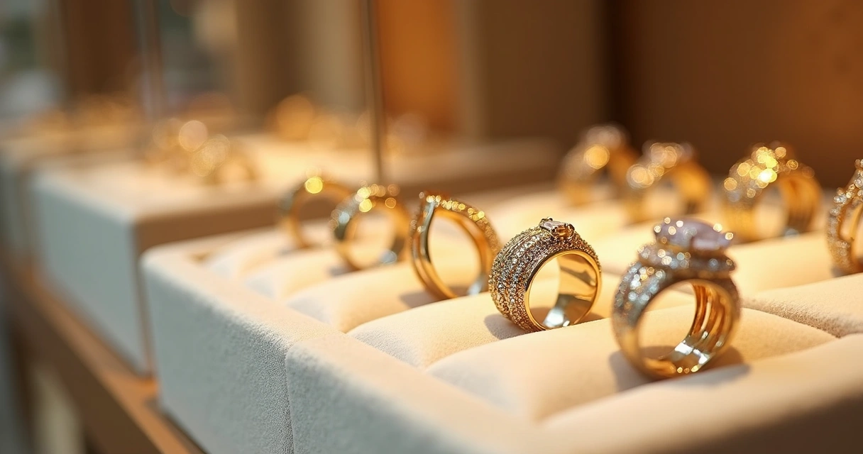 Expositor com anéis dourados em destaque, vitrine limpa e elegante 