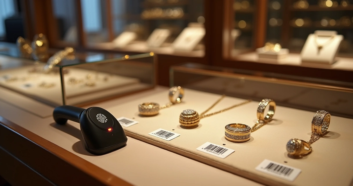 Joias expostas com códigos de barras ao lado de leitor digital 