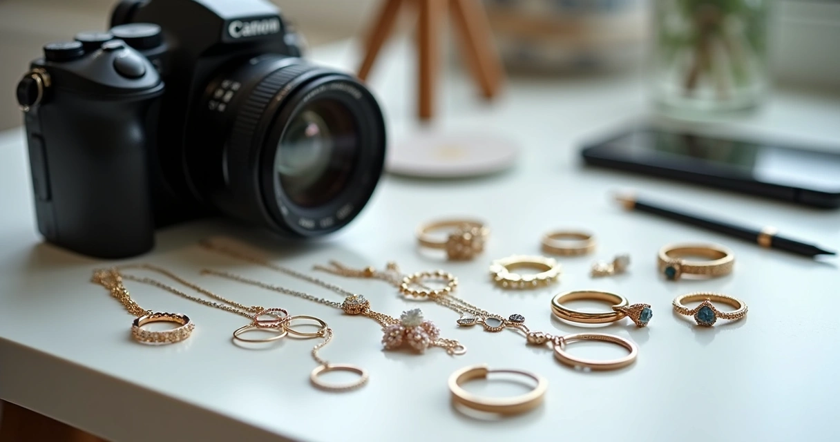 Equipamento de fotografia de joias, lentes, câmera e joias sobre fundo branco 