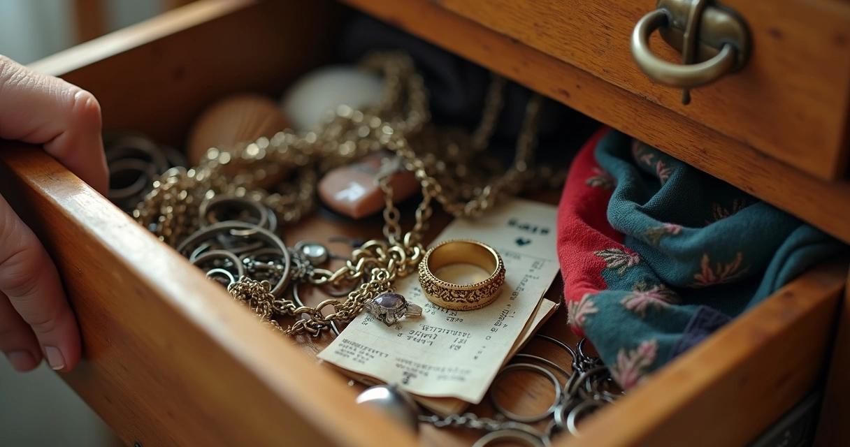 Mão abrindo gaveta com joias antigas esquecidas entre objetos comuns 