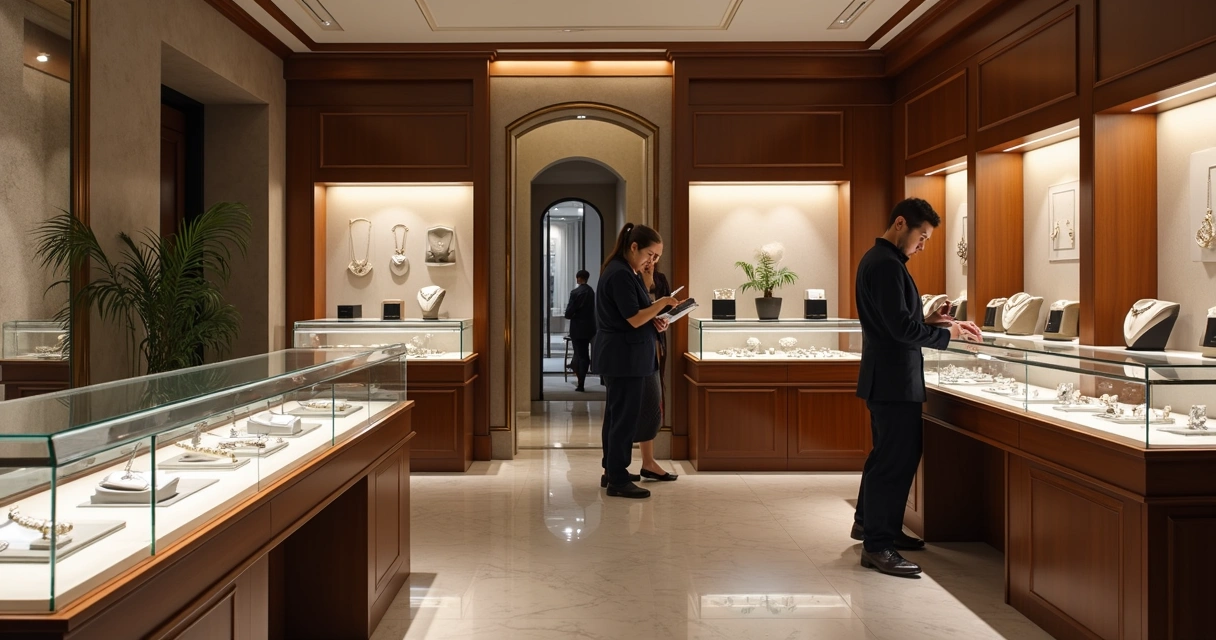 Joias expostas em vitrine de loja contemporânea 