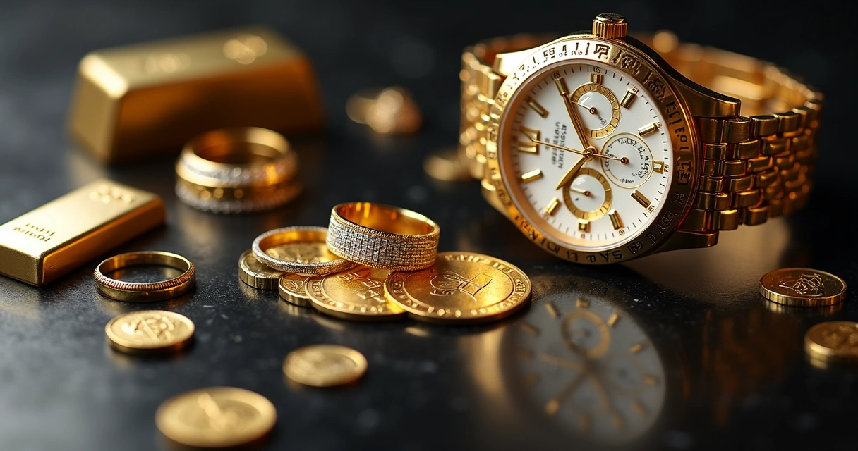 Joias de ouro, diamante e relógio de luxo sobre superfície escura 