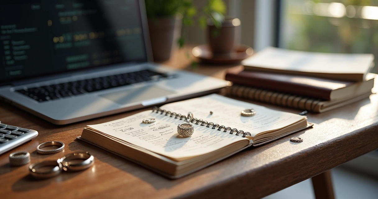 Mesa elegante com joias personalizadas detalhadas, calculadora, caderno de anotações e laptop aberto com planilhas de preços 