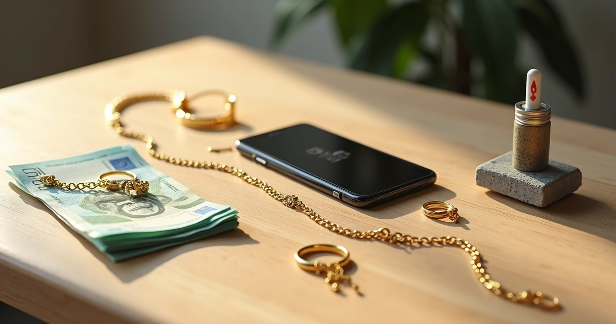 Joias de ouro quebradas ao lado de dinheiro e calculadora sobre mesa clean 