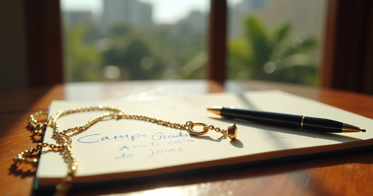 Colar de ouro quebrado sobre caderno com Campo Grande escrito ao lado de caneta 