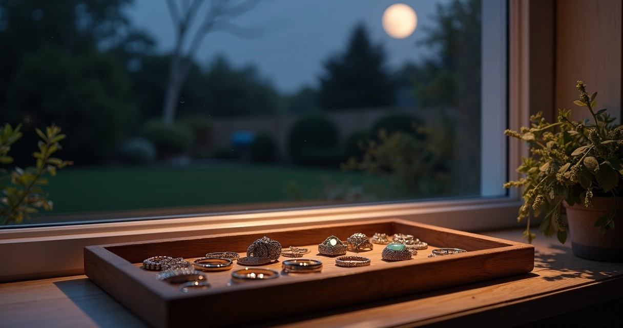 Alianças e pedras preciosas recebendo luz da lua cheia 