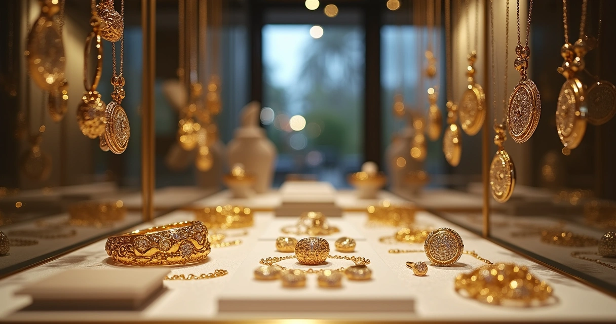 Vitrine de loja apresentando joias variadas sob iluminação 