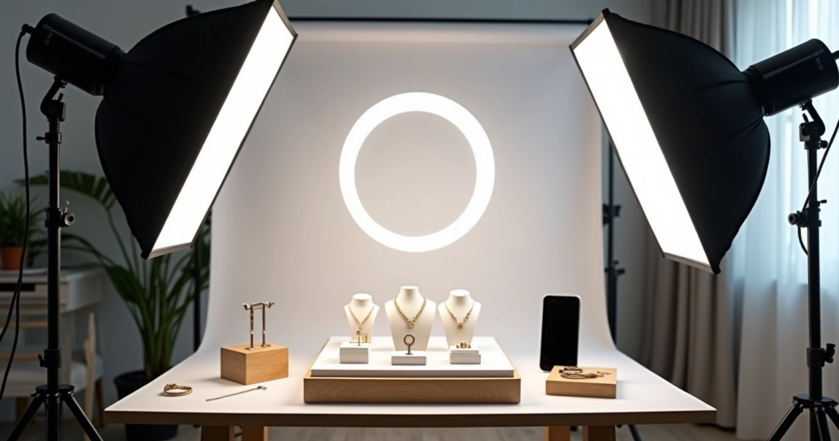 Estúdio caseiro para fotos de joias com ring light, tendas de luz, joias em mesa 