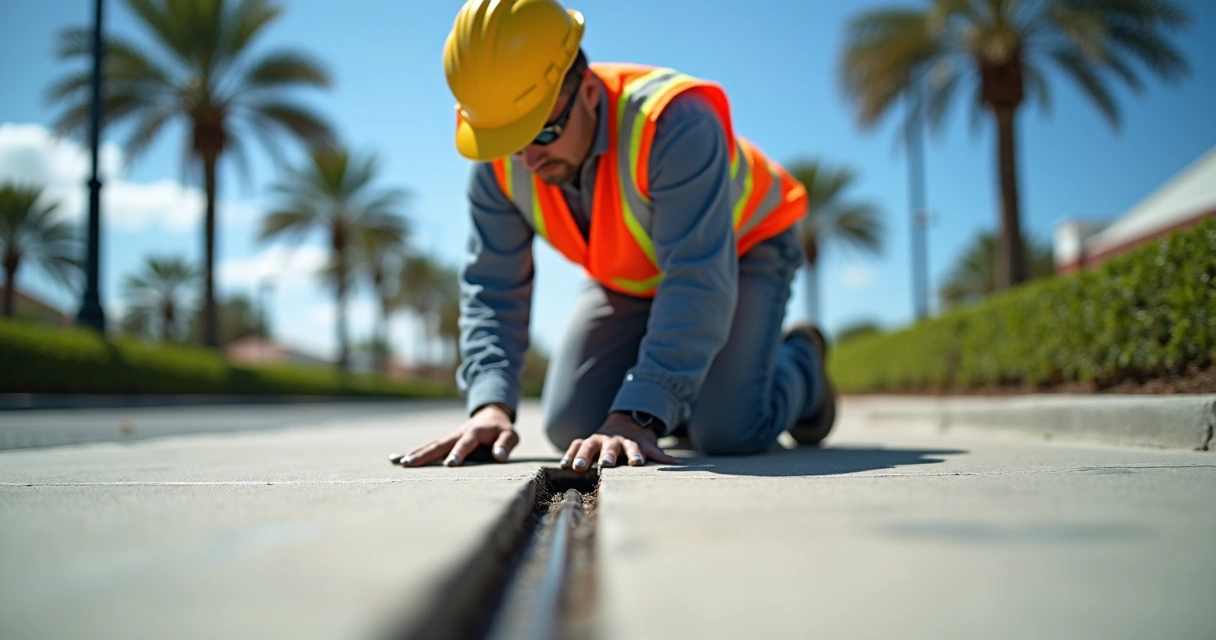 Worker checking expansion joint in Florida concrete slab