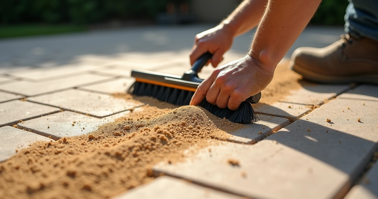 Close-up of polymeric sand being swept into paver joints in Florida 
