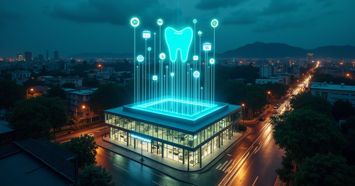 Vista aérea noturna de Joinville com ícones digitais representando marketing odontológico 