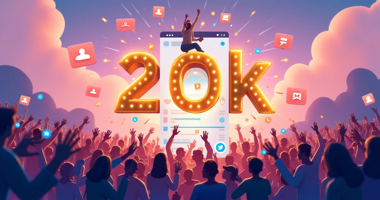 Ilustração vibrante de uma jornada nas redes sociais com a meta de 20k seguidores e comunidade animada.