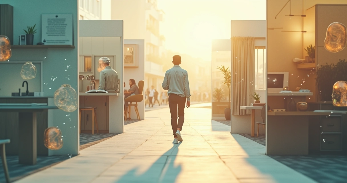 Pessoa caminhando entre cenas do cotidiano com reflexos internos de autoconhecimento 